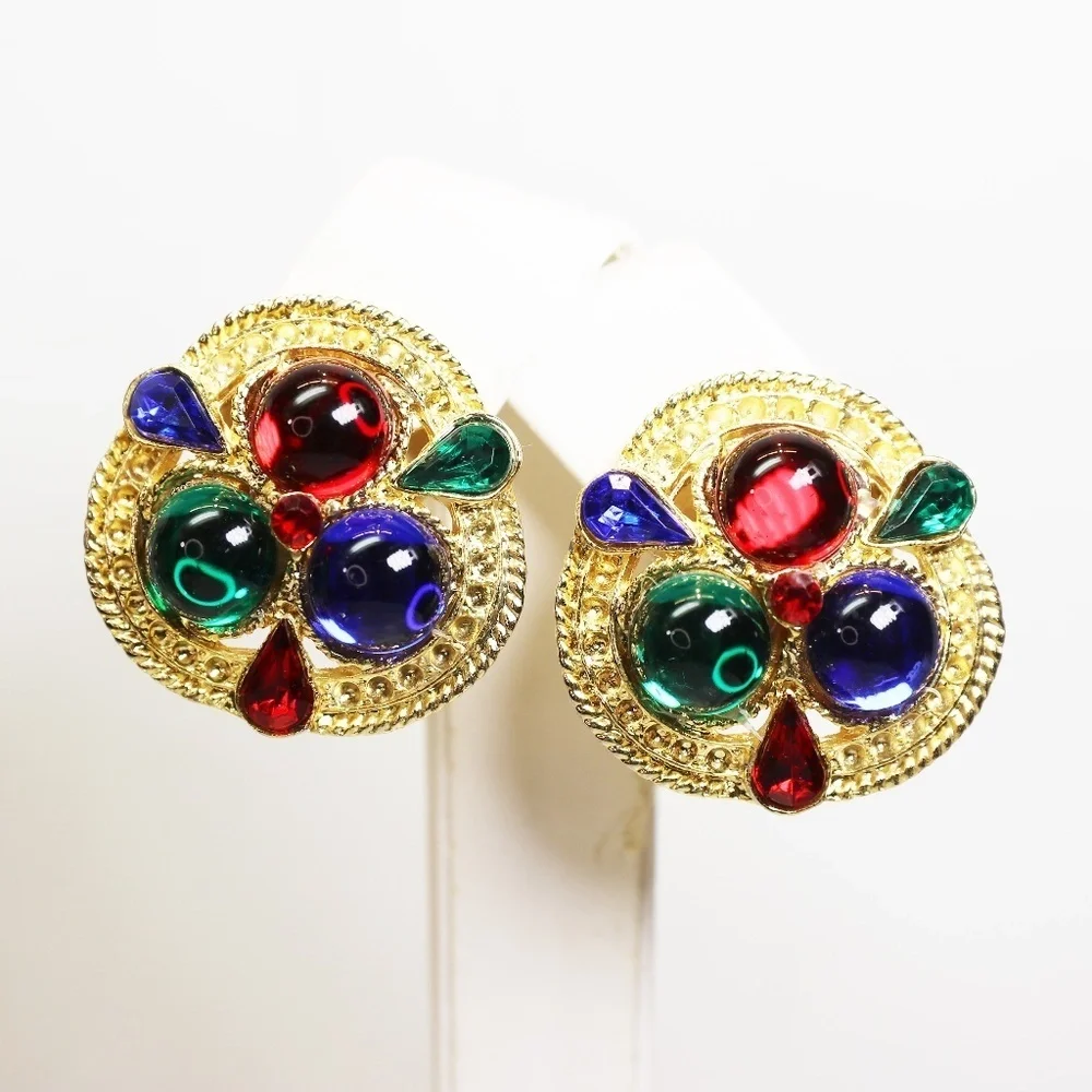 Earrings ~ Gold w/ Colorful Round Cabochons & Teardrop Crystals Clip-on Vintage